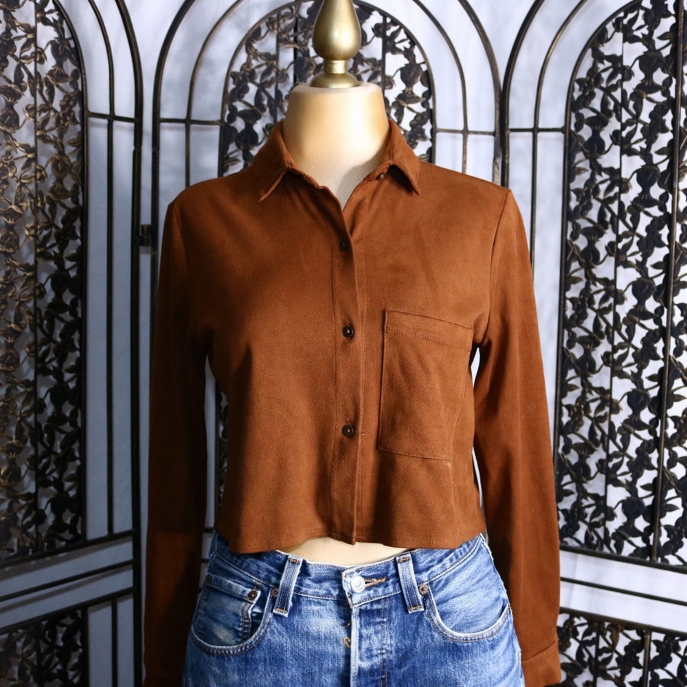 Zara Faux Suede Cropped Button Down Top, Small